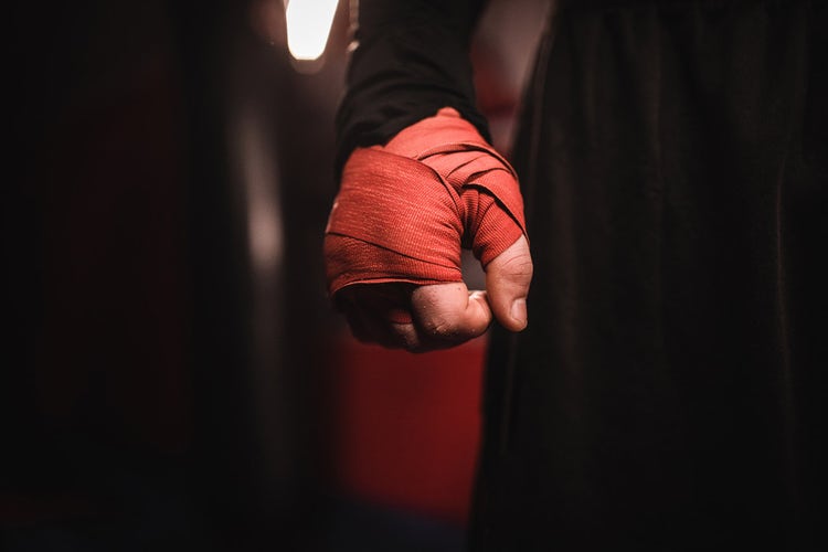 Closeup of a hand wrapped for boxing