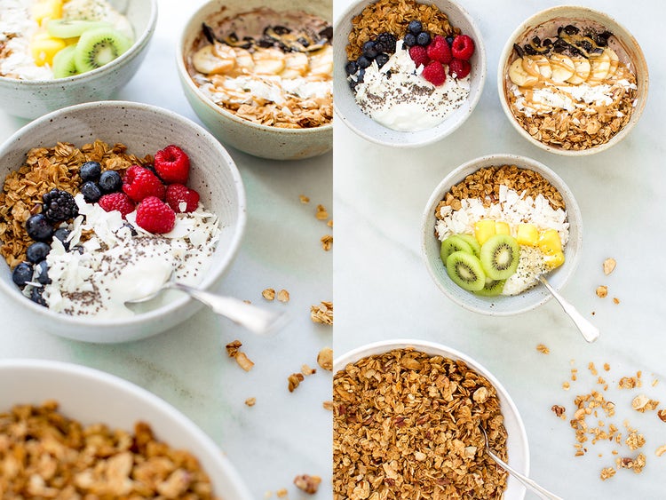 Two images side by side of DIY granola bowls filled with fruit and yougrt